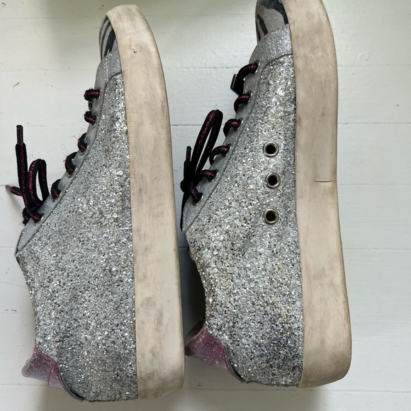 Designer Leather Crown Sneakers in silver glitter, zebra toe on leather. S 39 - Picture 3 of 10